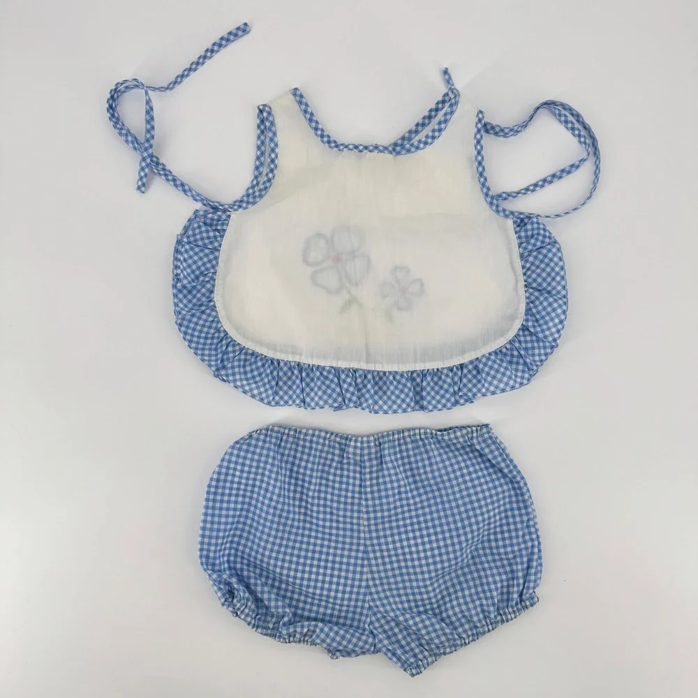 Vintage Kmart Baby‎ Girls 12M Blue Gingham Floral Pinafore Top Bloomers Set 2PC